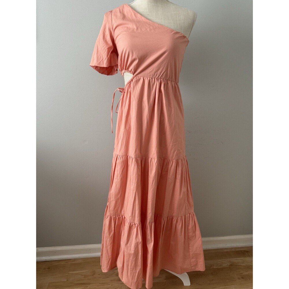 WAYF One-Shoulder Peach Midi Dress Cotton Blend Side Cutout Size XS